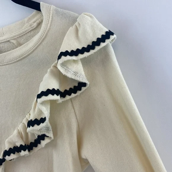 Cream Ruffle Trim Long Sleeve Sweater Top Dress up or down Size S 100% Cotton - Picture 5 of 12